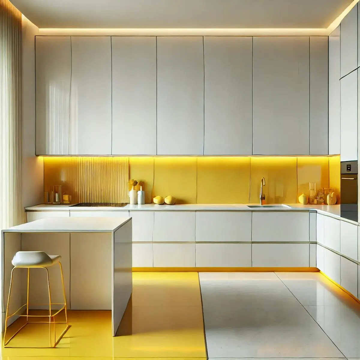 کابینت ام دی اف سفید صدفی با پاخور و بین کابینتی زرد