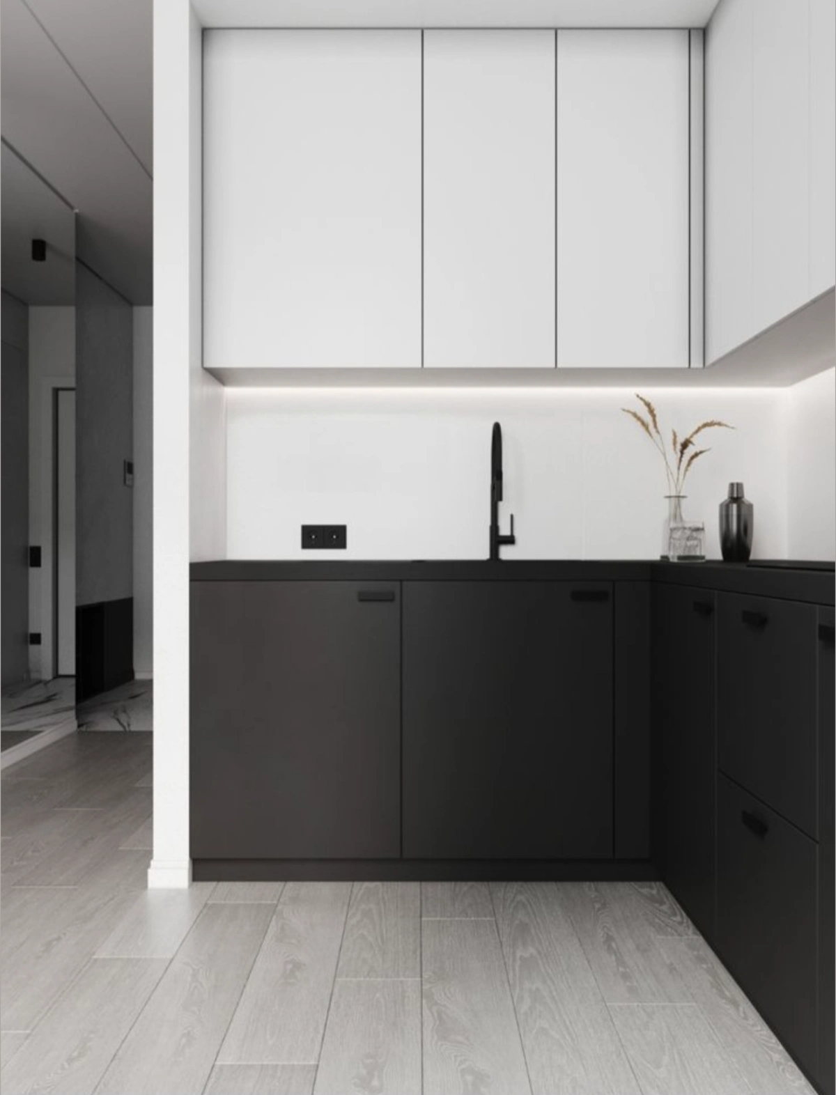 کابینت ام‌دی‌اف سفید مشکی با دستگیره‌های مشکی