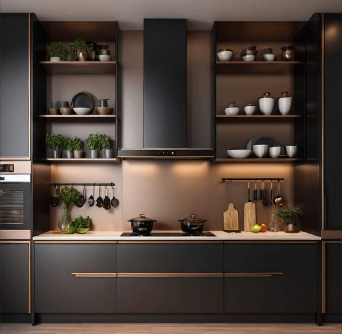 کابینت ام‌دی‌اف مشکی، قهوه‌ای و طلایی با ویترین‌های بدون درب در دو طرف هود