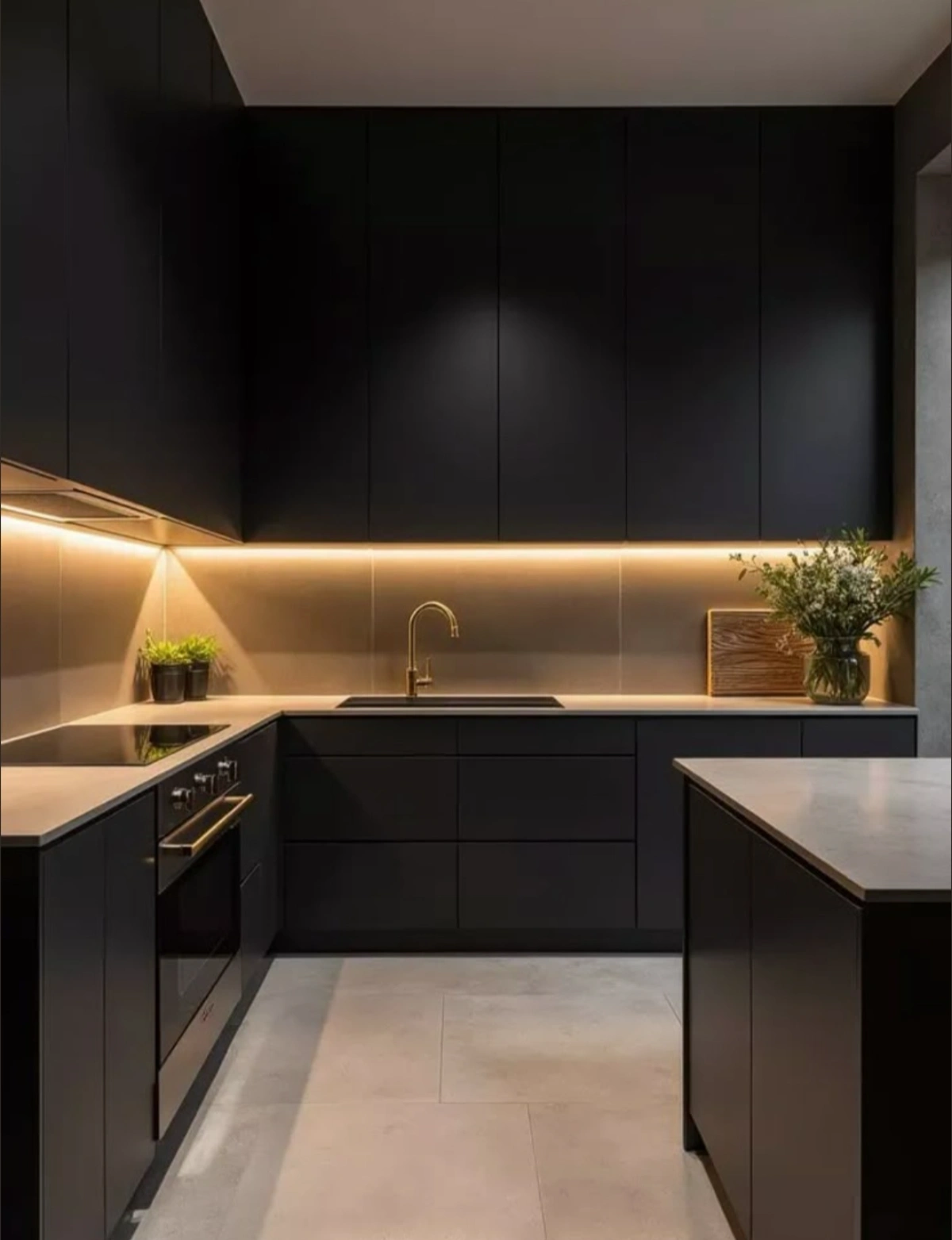 کابینت ام‌دی‌اف مشکی همراه با جزیره مشکی با صفحه سفید و نورپردازی