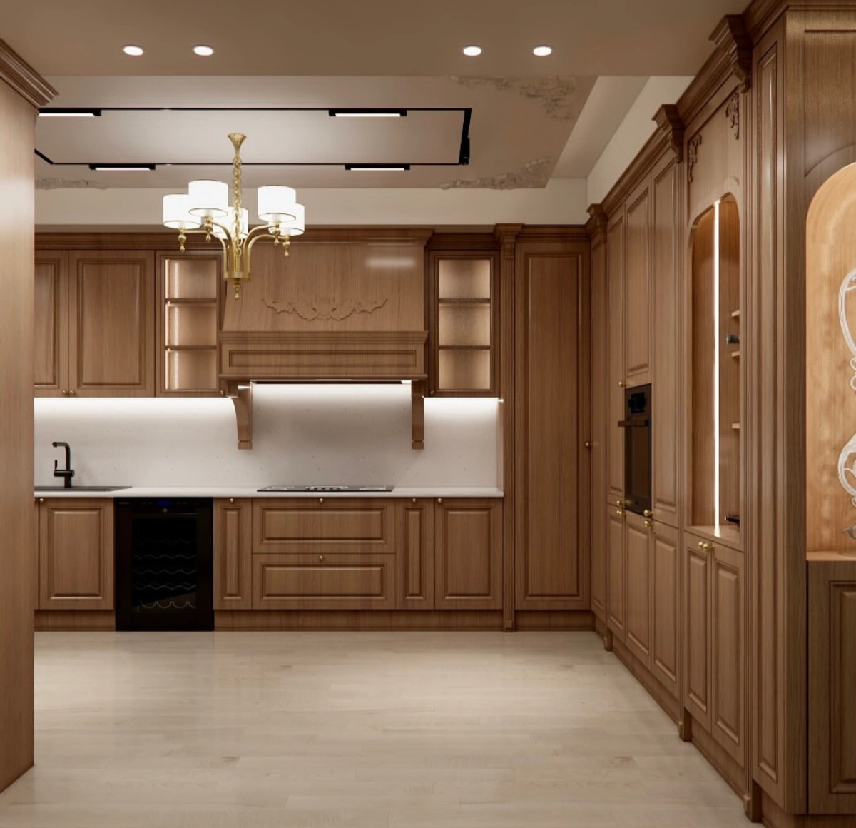 کابینت ممبران کلاسیک با درب‌های شیشه‌ای دو طرف هود به رنگ چوب با دستگیره‌های طلایی