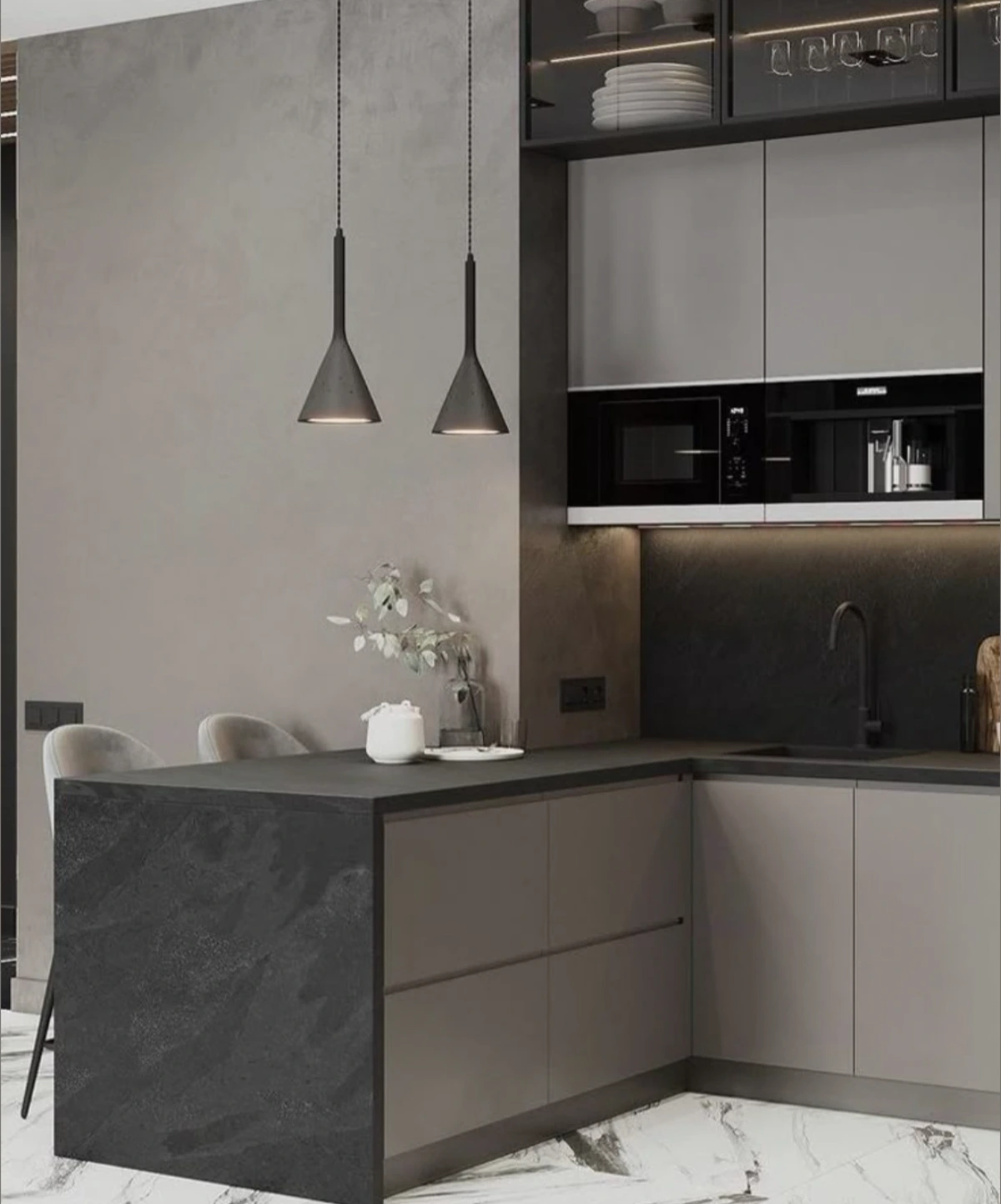 کابینت ام‌دی‌اف طوسی روشن با درب چوبی و شیشه‌ای به همراه کانتر کشودار طوسی روشن با صفحه طوسی تیره