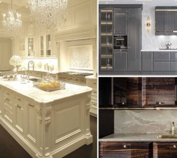 کابینت ممبران کلاسیک سفید با دستگیره‌های نقره‌ای به همراه جزیزه چندمنظوره سفید با صفحه سنگی، کابینت انزو طوسی با کاور هود طوسی طلایی و دستگیره‌های مربع نقره‌ای همراه با ویترین شیشه‌ای نورپردازی شده، کابینت انزو قهوه‌ای با دستگیره‌های گرد نقره‌ای