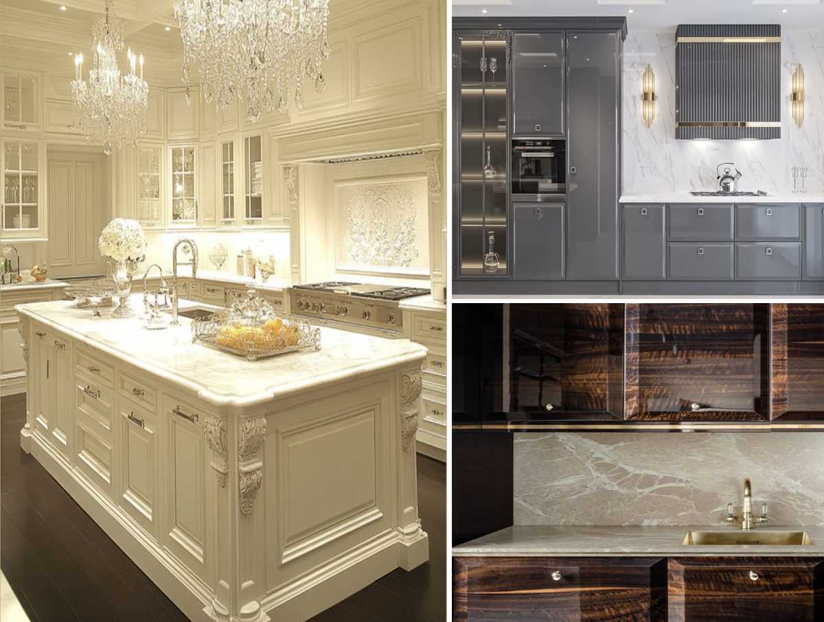 کابینت ممبران کلاسیک سفید با دستگیره‌های نقره‌ای به همراه جزیزه چندمنظوره سفید با صفحه سنگی، کابینت انزو طوسی با کاور هود طوسی طلایی و دستگیره‌های مربع نقره‌ای همراه با ویترین شیشه‌ای نورپردازی شده، کابینت انزو قهوه‌ای با دستگیره‌های گرد نقره‌ای