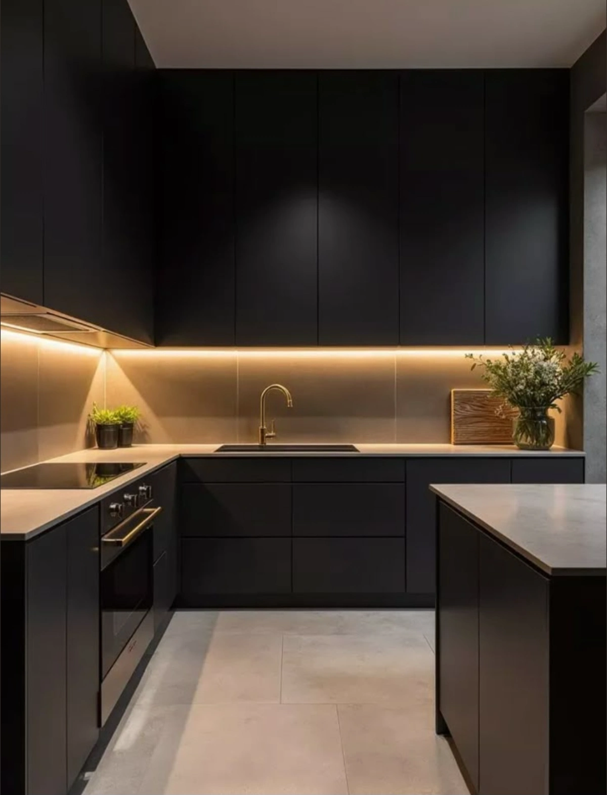کابینت ام‌دی‌اف مات به رنگ مشکی همراه با جزیره مشکی با صفحه سفید