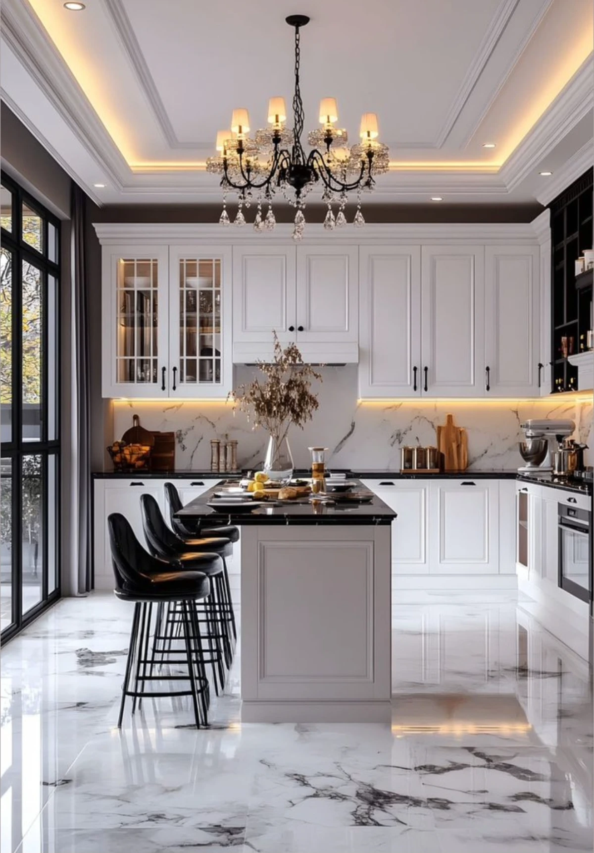 کابینت ممبران نئوکلاسیک با درب‌های شیشه‌ای و چوبی سفید همراه با جزیره سفید با صفحه سنگی مشکی