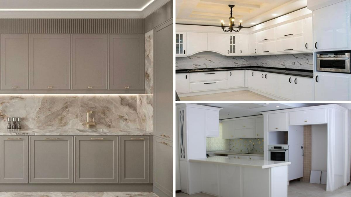 عکس شاخص سه مدل کابینت انزوی سفید و کابینت نئوکلاسیک پلی اورتان کرم