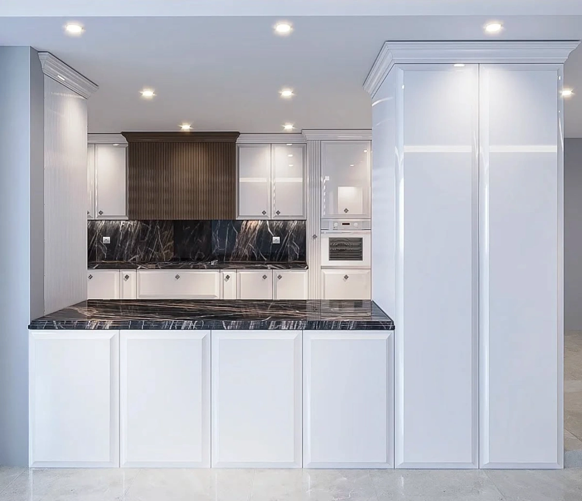 کابینت انزو سفید با کاور هود شیاردار قهوه‌ای و دستگیره‌های لوزی به رنگ نقره‌ای