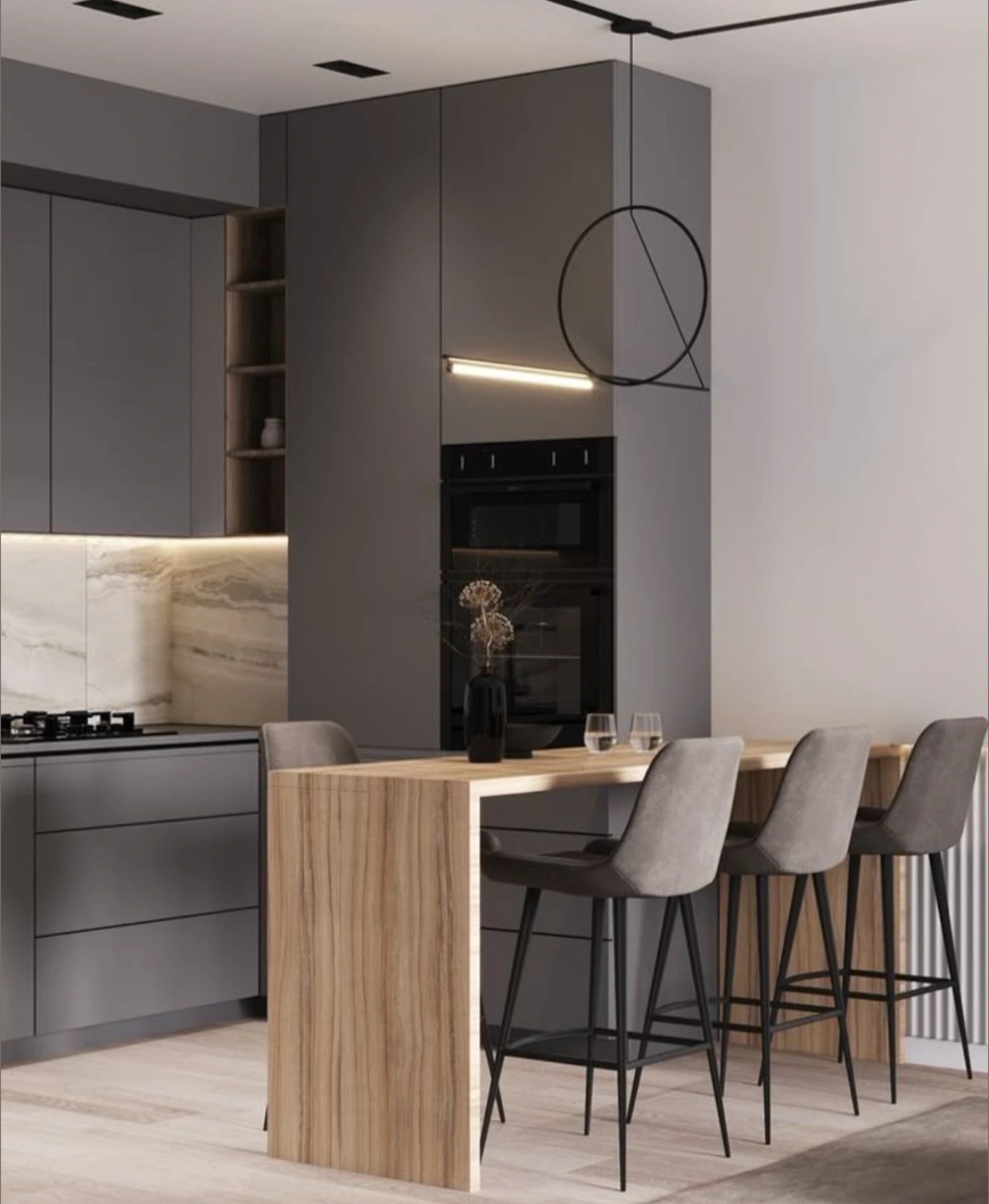 کابینت ام‌دی‌اف طوسی به همراه کانتر رنگ چوب