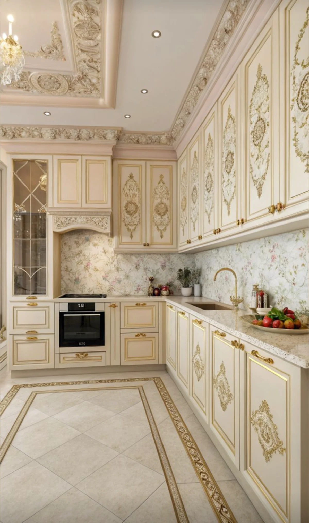 کابینت کلاسیک سفید با منبت‌کاری، قاب‌بندی و دستگیره‌های طلایی به همراه ویترین شیشه‌ای