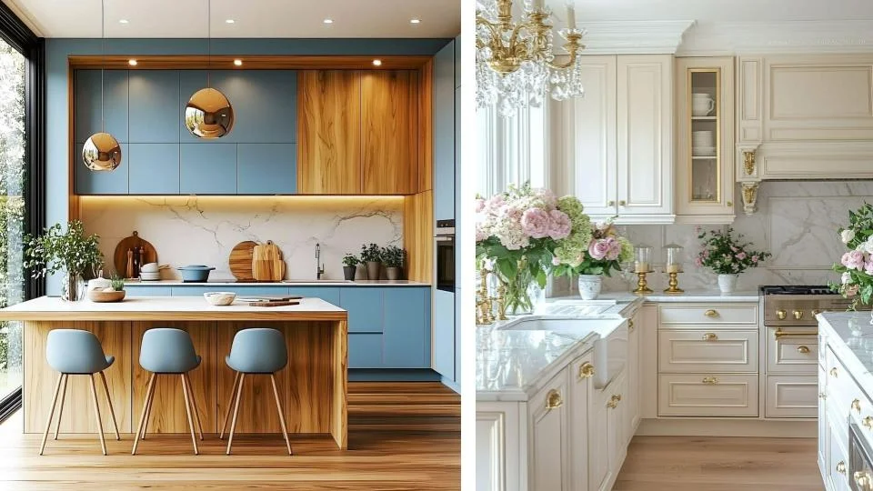 کابینت ممبران سفید با منبت‌کاری طلایی و کابینت پلی اورتان آبی و طرح چوب مدرن
