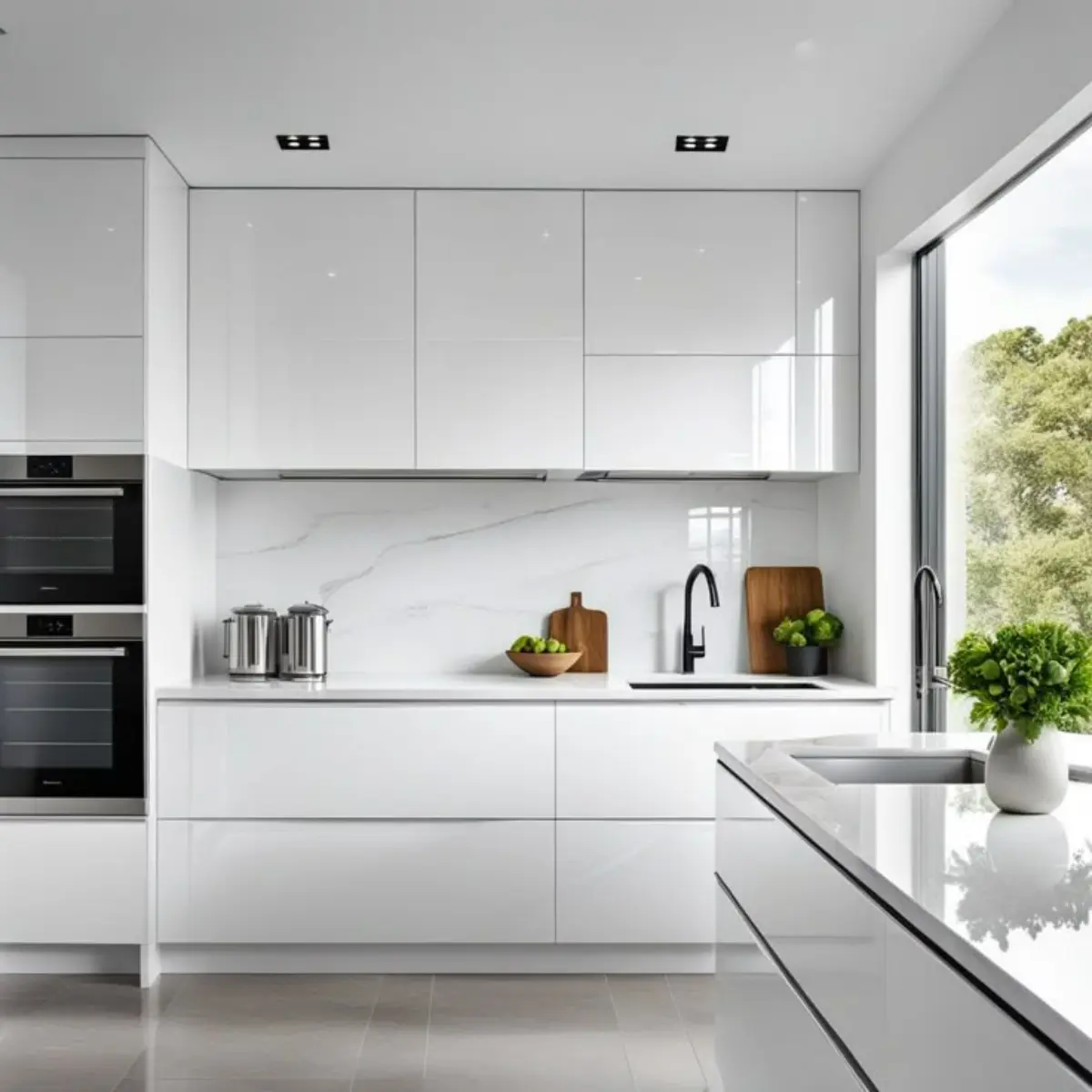 کابینت هایگلاس سفید براق بدون دستگیره با بین‌کابینتی سنگی سفید