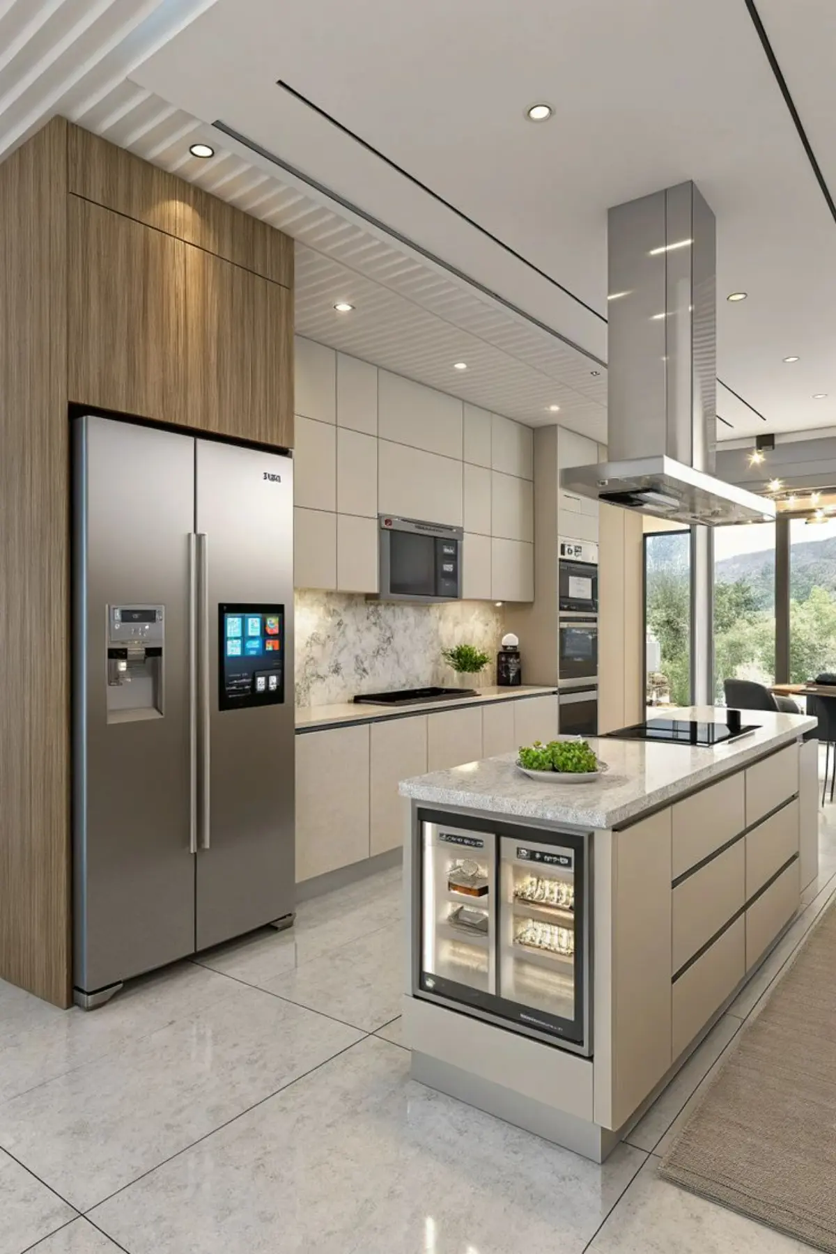 جزیره کابینت مدرن سفید با فر توکار و با کابینت مدرن سفید بدون دستگیره