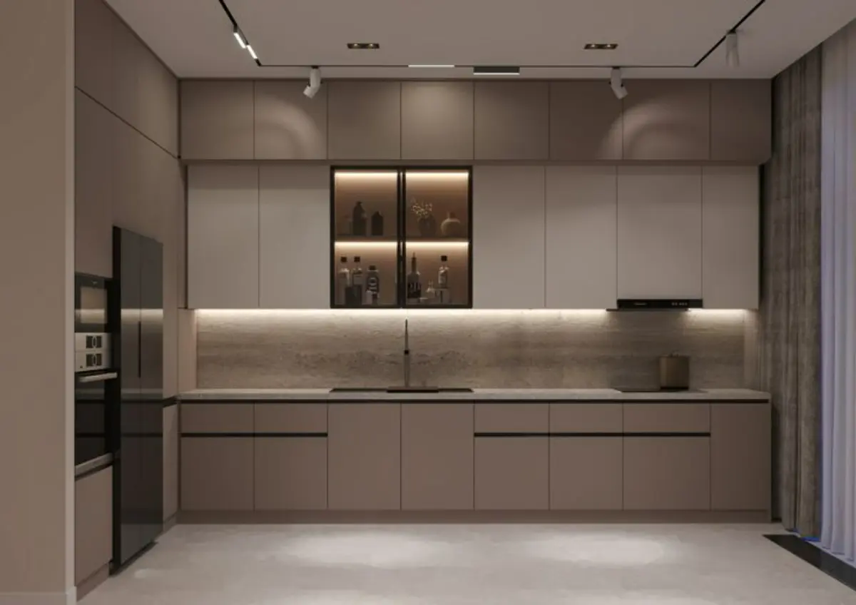 کابینت مدرن ام دی اف سفید بژ با درب ویترینی