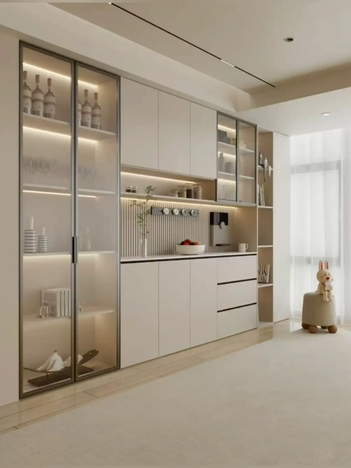 کابینت هایگلاس سفید بدون دستگیره مینیمال با درب ویترینی