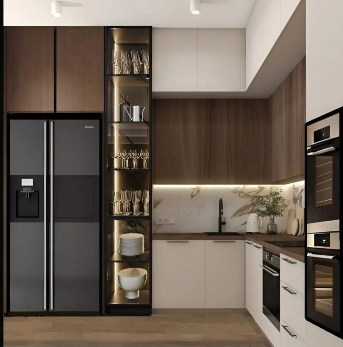 کابینت هایگلاس مات مدرن پلکانی طرح چوب و سفید