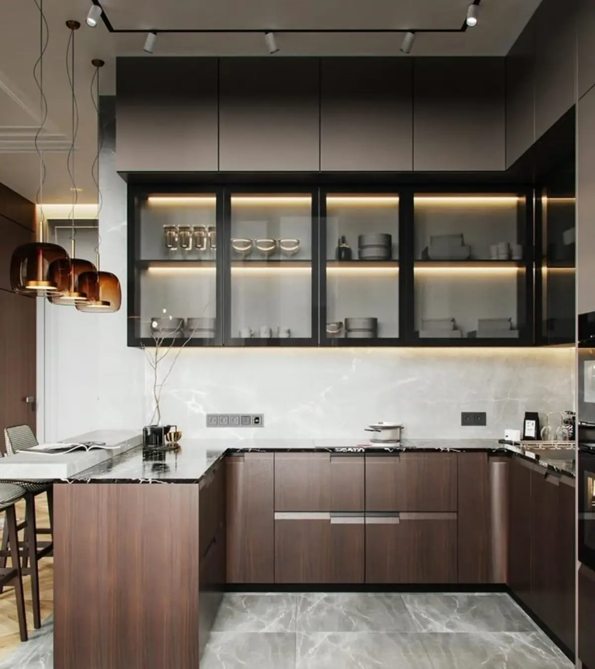 کابینت هایگلاس مدرن مات طرح چوب بدون دستگیره و با درب ویترینی