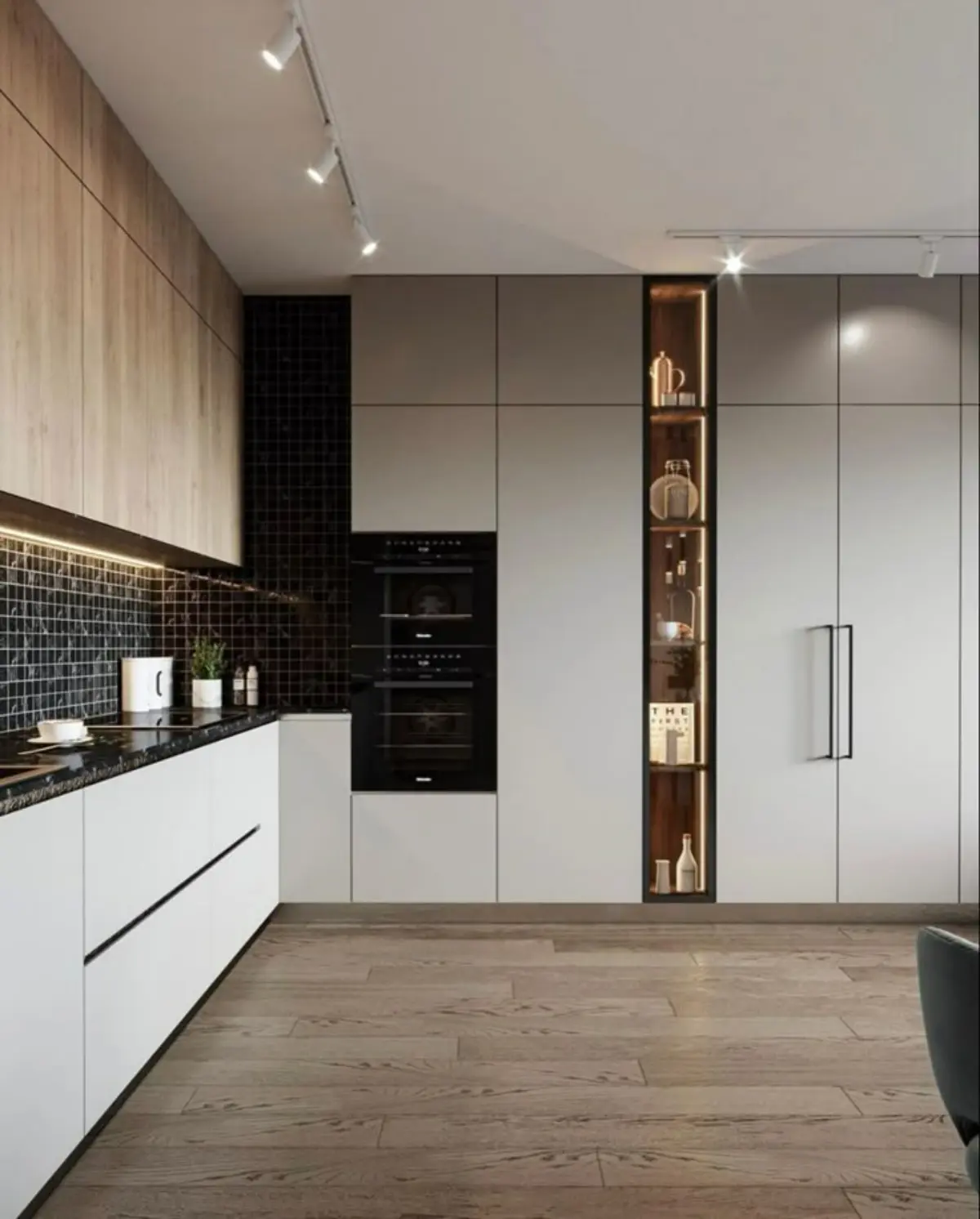 کابینت هایگلاس مات سفید و طرح چوب روشن با نور زیرکابینتی زرد