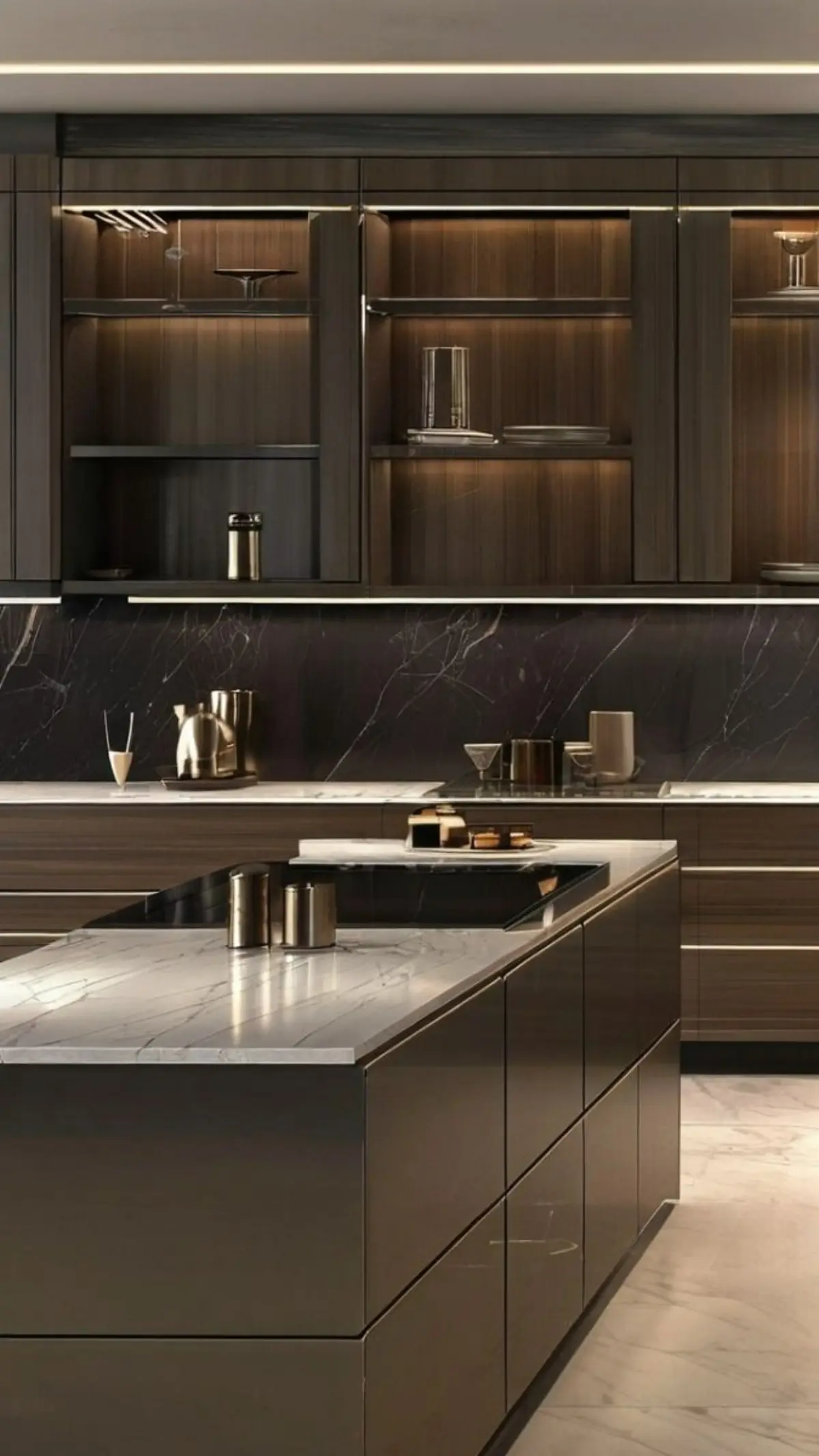 کابینت و جزیره هایگلاس مات بژ با درب ویترینی و بدون دستگیره