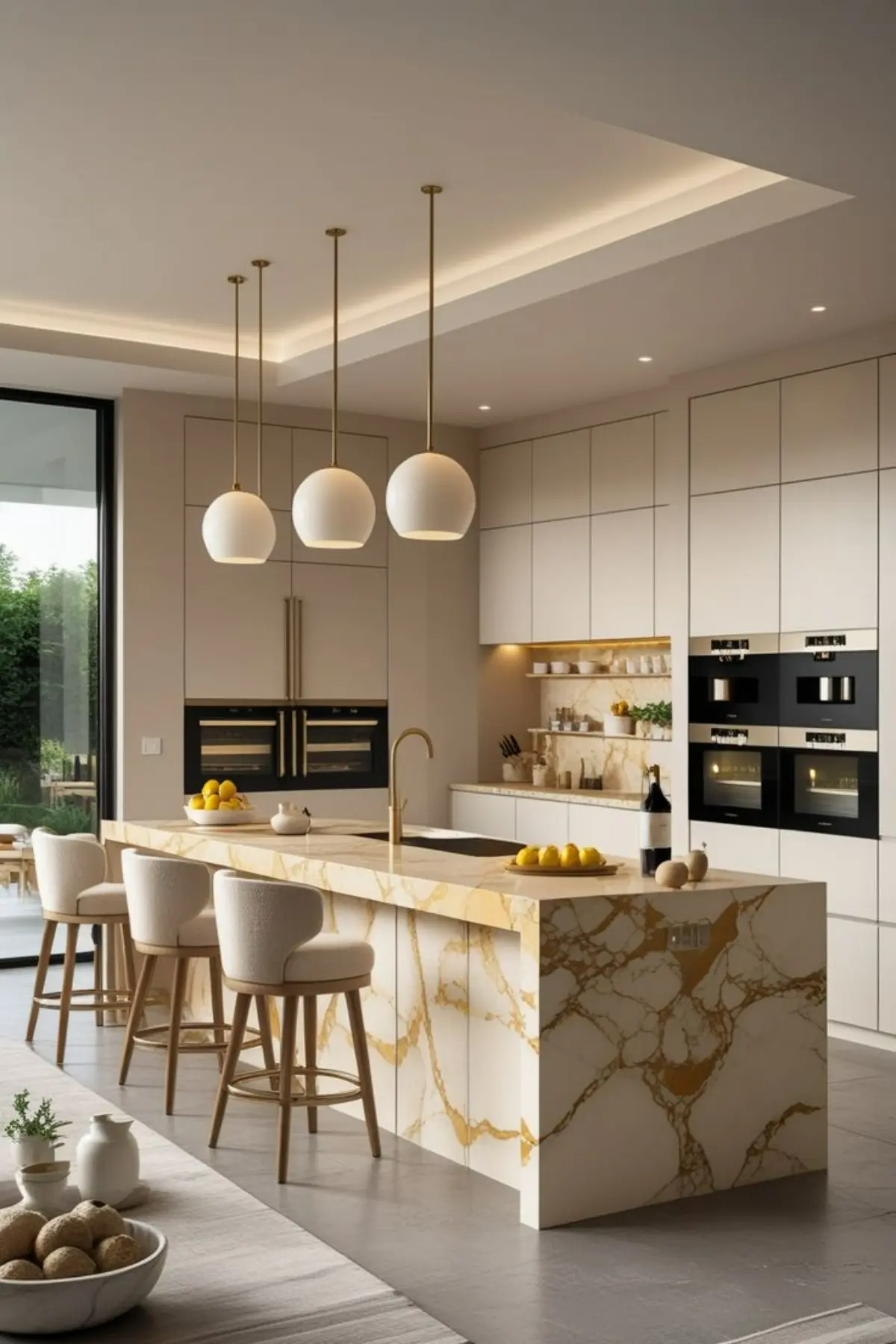 جزیره مدرن سنگ مرمر سفید طلایی با کابینت مدرن سفید