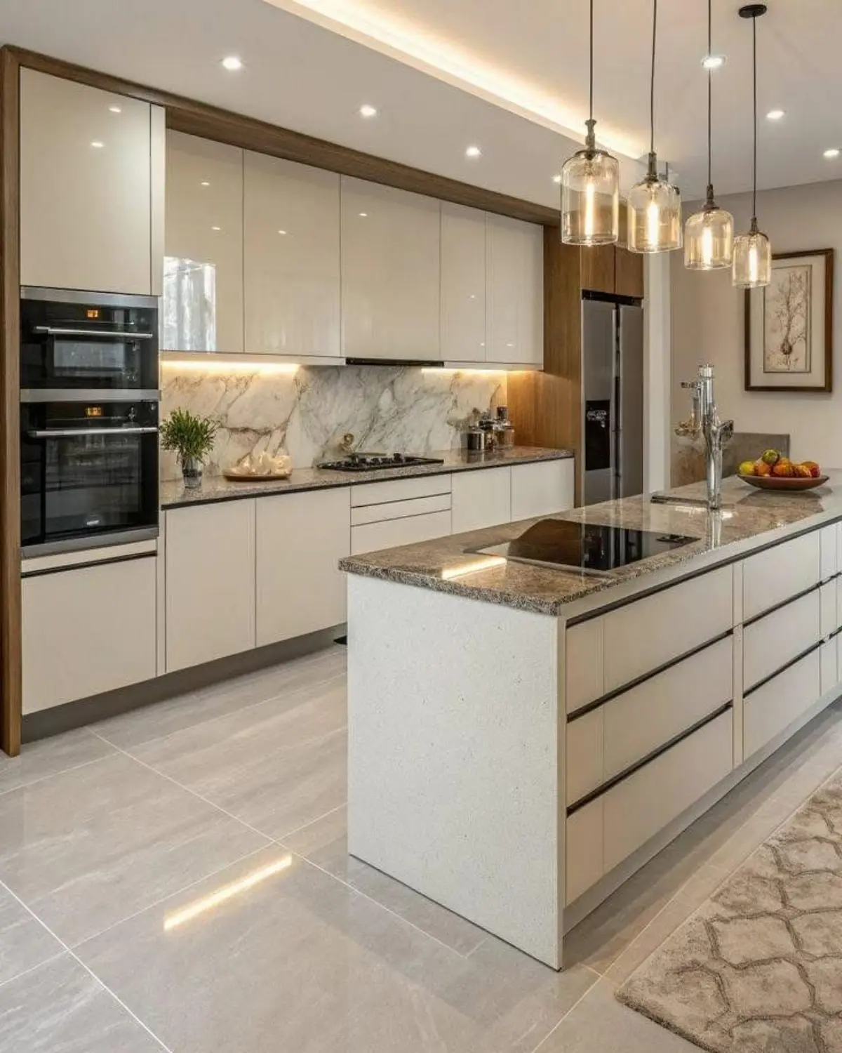 کابینت مدرن سفید با جزیره کابینت مدرن سفید بدون دستگیره همراه با گاز رومیزی