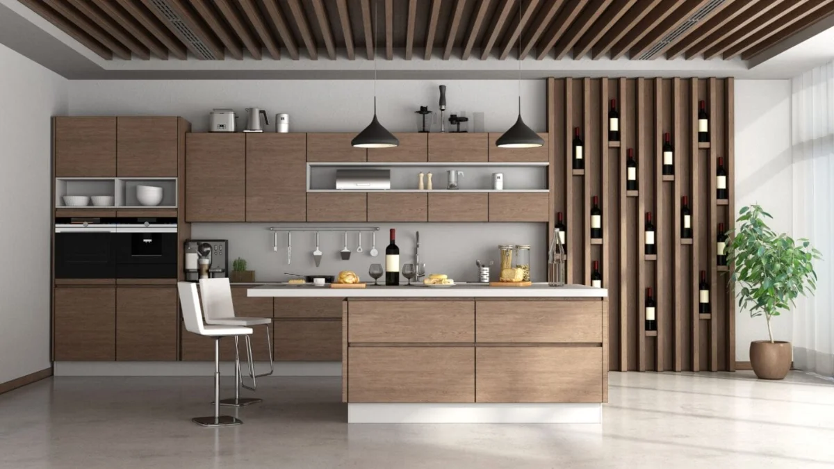 کابینت مدرن چوب طبیعی ترکیب با سفید و اکسسوری های مشکی و نقره ای