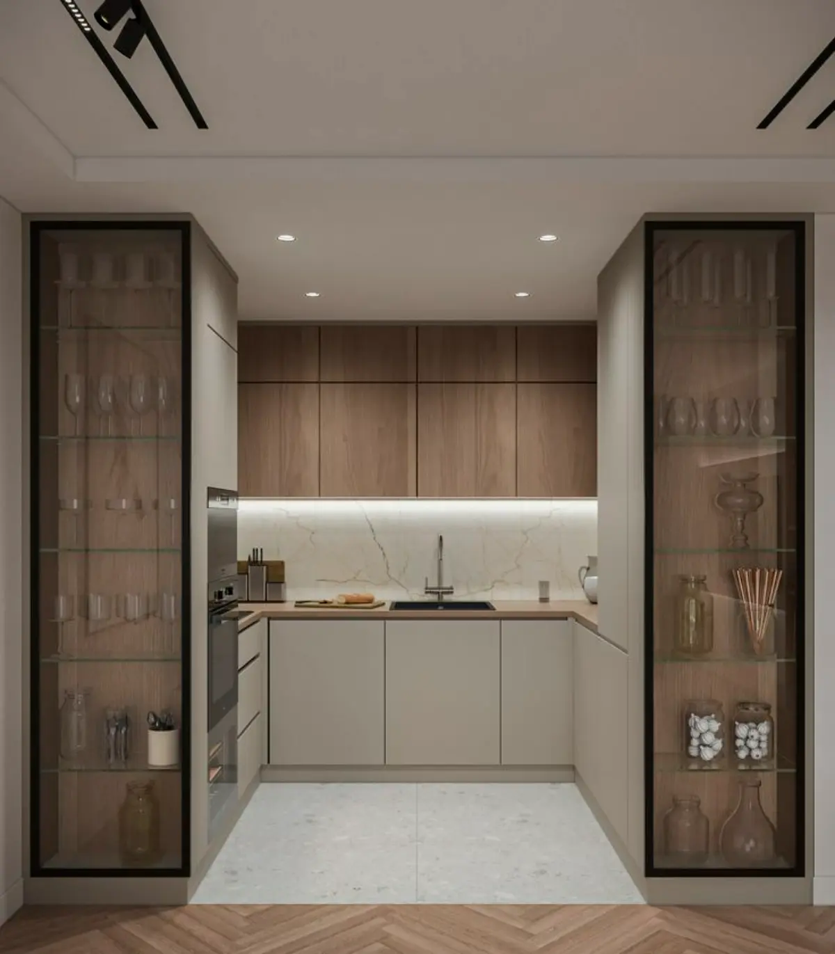 ویترین کابینت مدرن در دو طسرف آشپزخانه با کابینت مدرن بدون دستگیره کرم و قهوه‌ای
