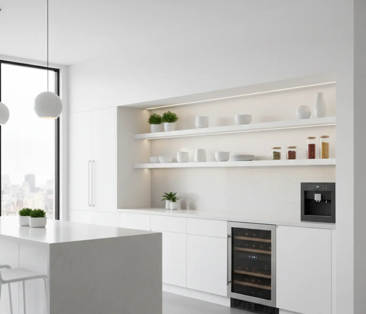 ویترین باز سفید مدرن با کابینت مدرن سفید