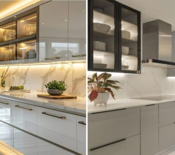 عکس شاخص دو کابینت ام دی اف مدرن طوسی و کابینت هایگلاس مدرن سفید