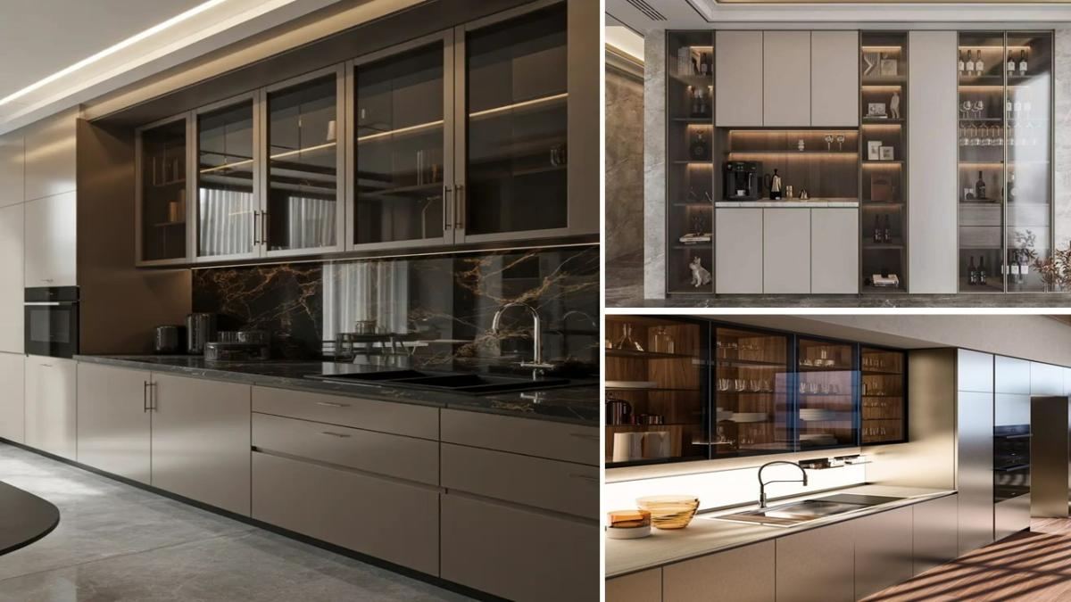 Types of matte high gloss cabinets تصویر شاخص کابینت مدرن هایگلاس قهوهای و سفید بدون دستگیره