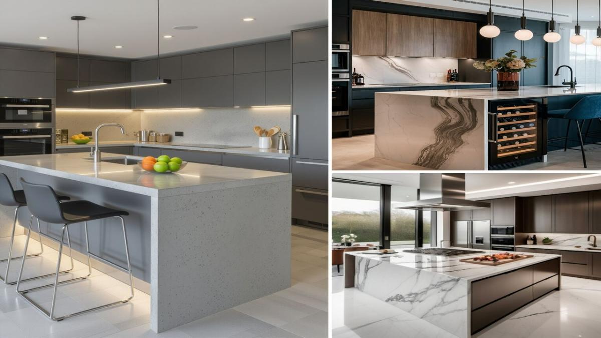 تصویر شاخص سه مدل جزیره کابینت مدرن سنگی سفید