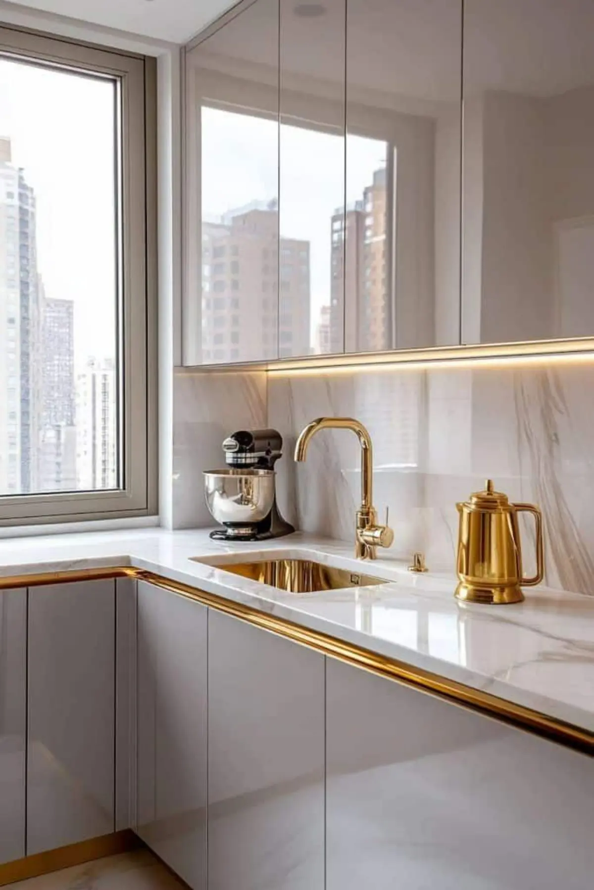 کابینت هایگلاس سفید براق با نوار طلایی و شیرآب طلایی و صفحه کابینت سنگی سفید