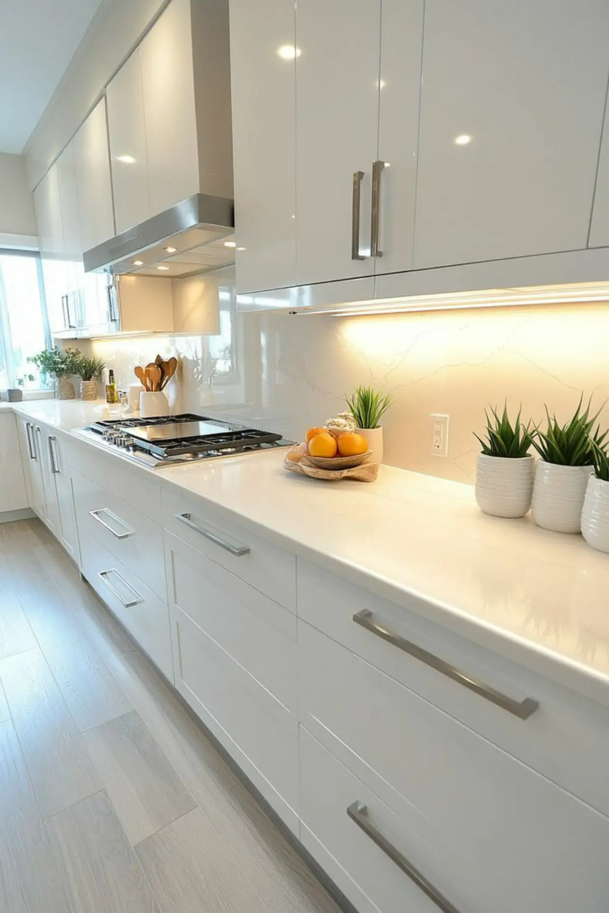 کابینت هایگلاس سفید براق با دستگیره نقره‌ای خطی و صفحه کابینت سفید