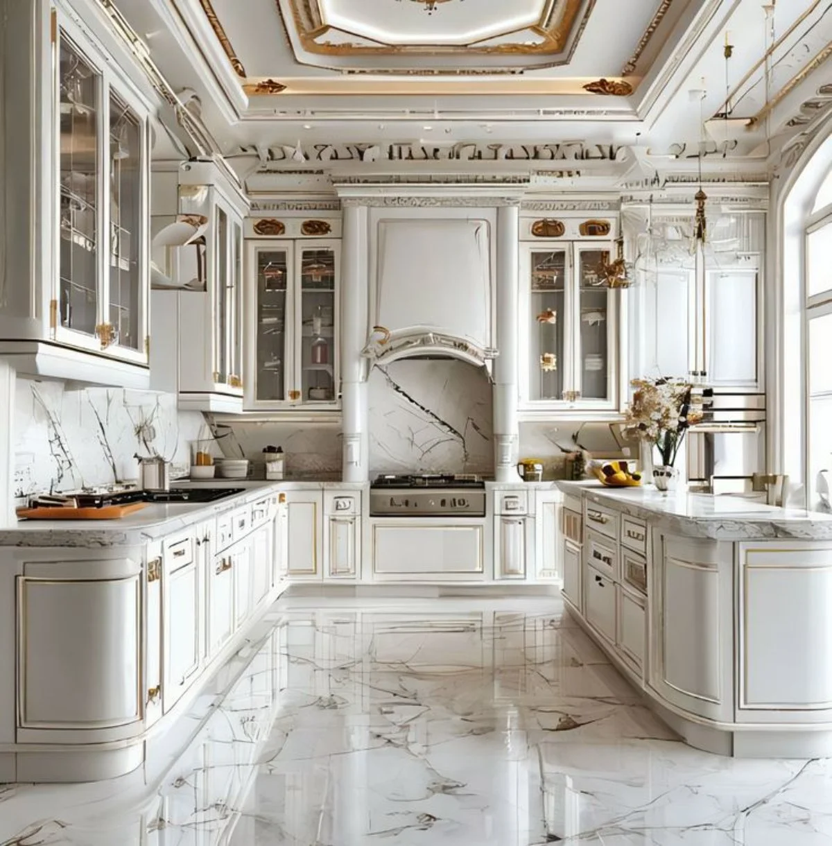 کابینت کلاسیک ویترینی سفید طلایی