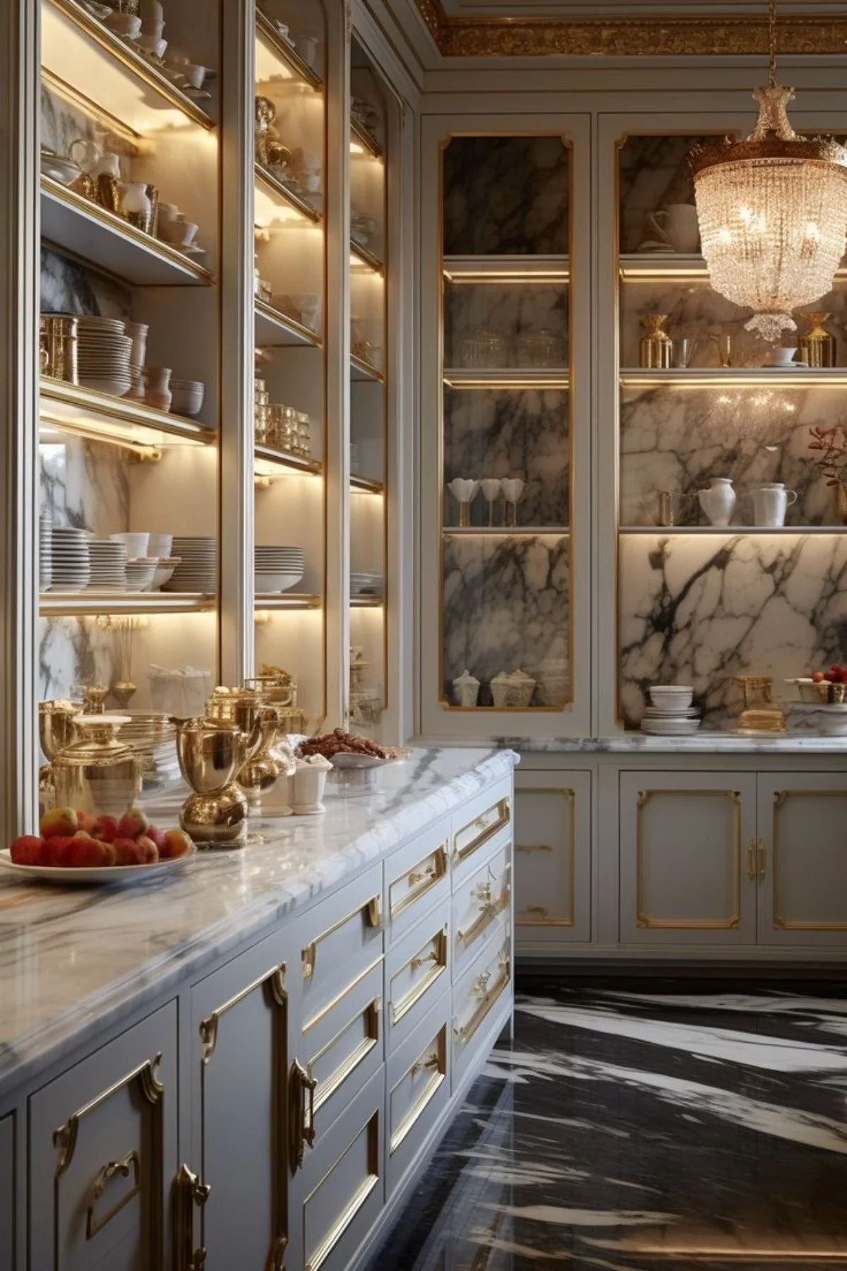 کابینت کلاسیک طوسی طلایی با ویترین شیشه‌ای و نورپردازی داخلی