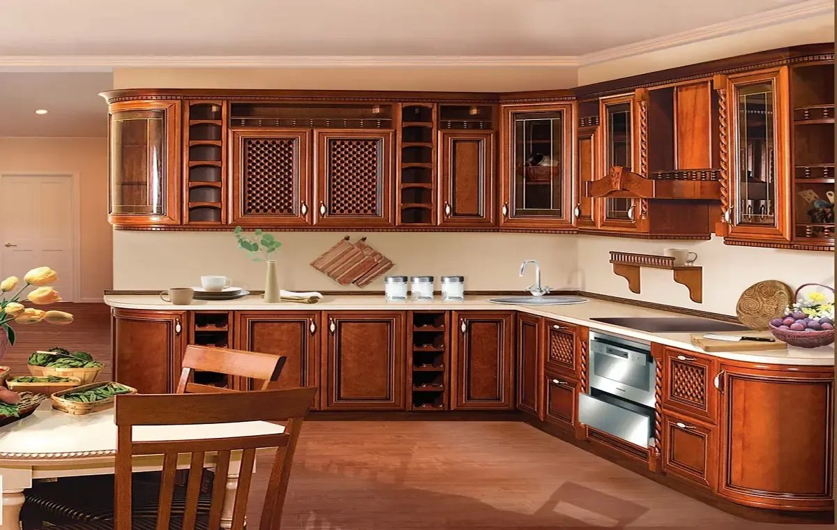 کابینت کلاسیک قهوه‌ای با ویترین شیشه‌ای