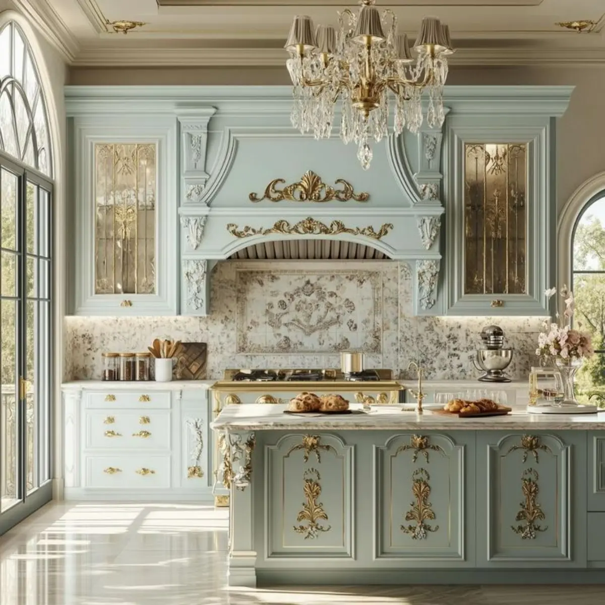 کابینت و جزیره آبی و طلایی با درب ویترینی طرح‌دار