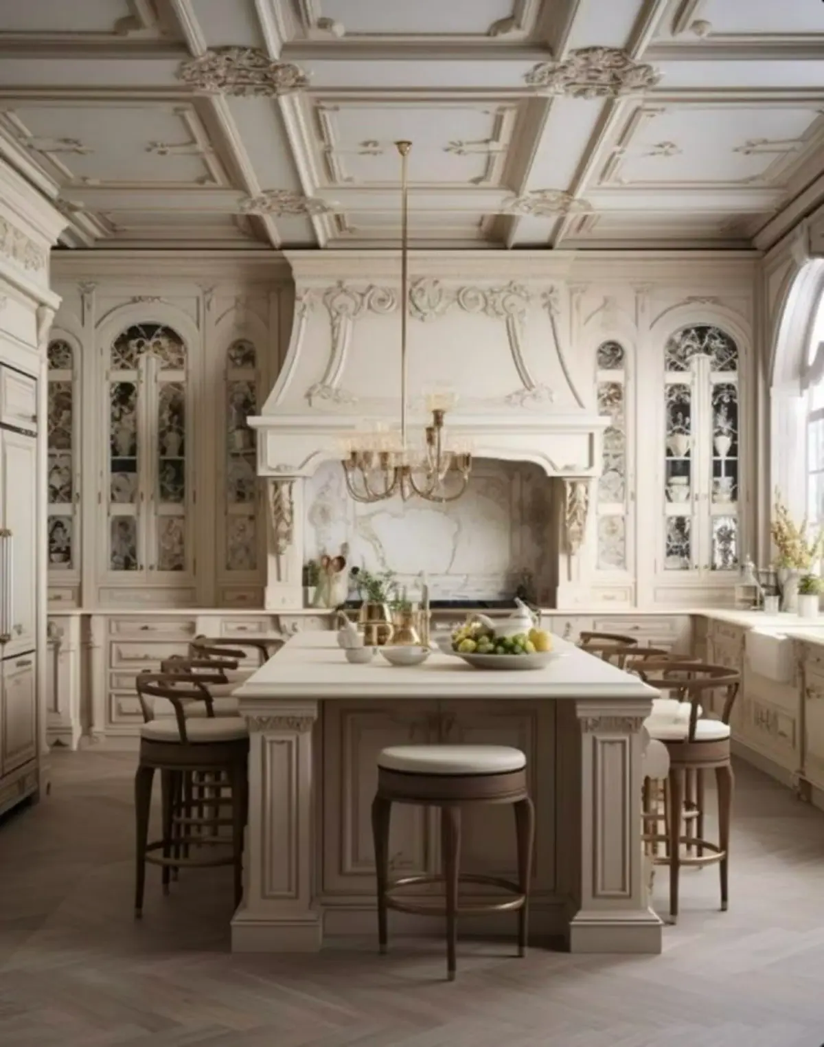 کابینت و جزیره کلاسیک کرم طوسی با درب ویترینی طرح‌دار