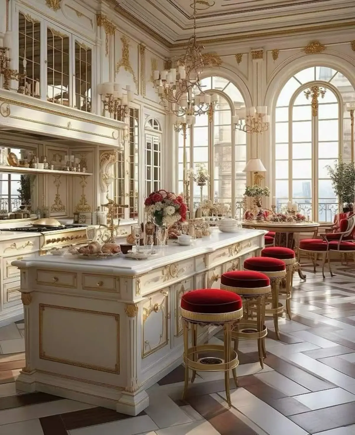 کابینت کلاسیک آشپزخانه با هود قاب‌دار مرکزی، ویترین شیشه‌ای طرفین و نورپردازی ملایم