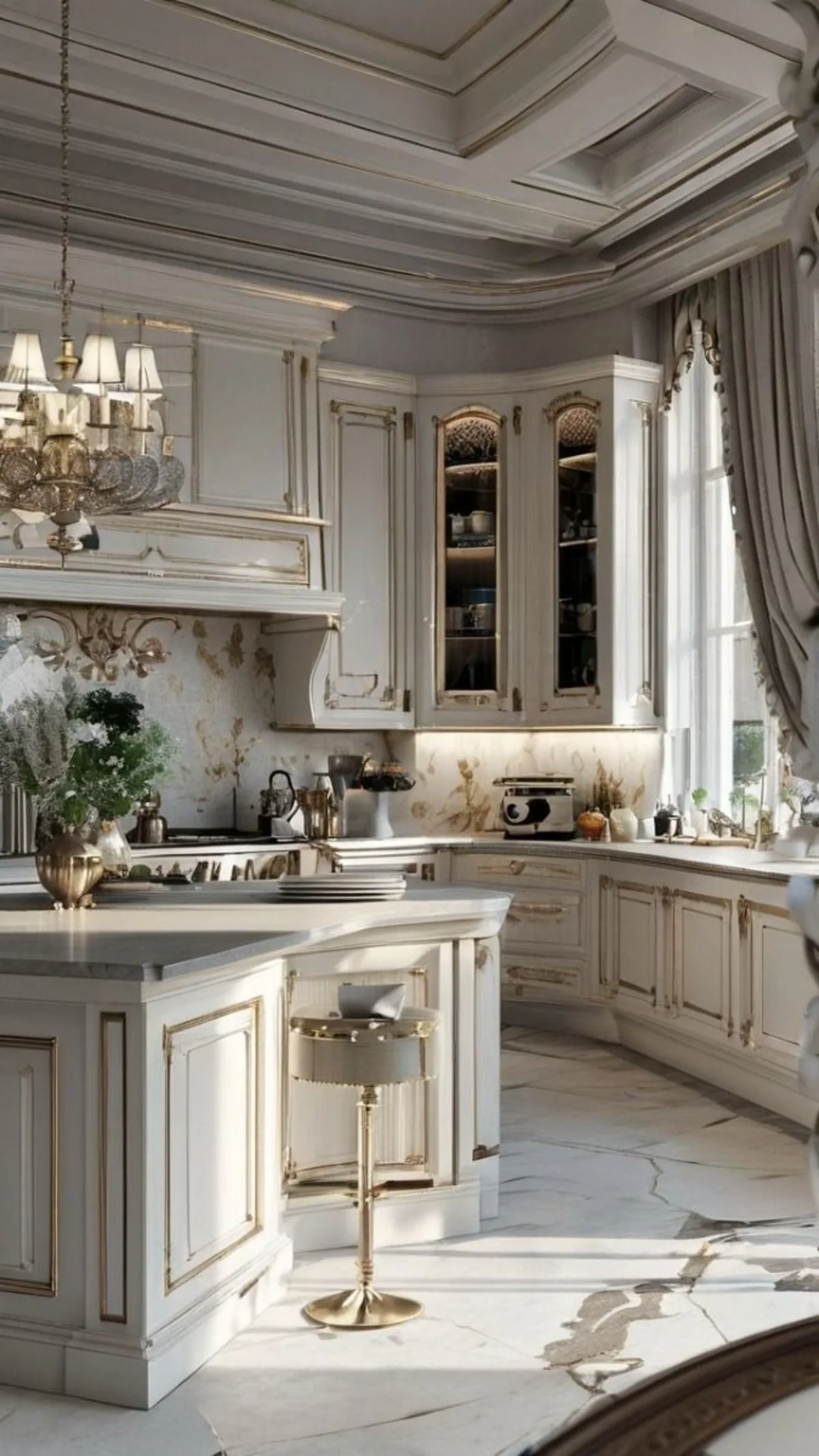 طراحی کابینت کلاسیک سفید با جزیره و منبت‌کاری طلایی