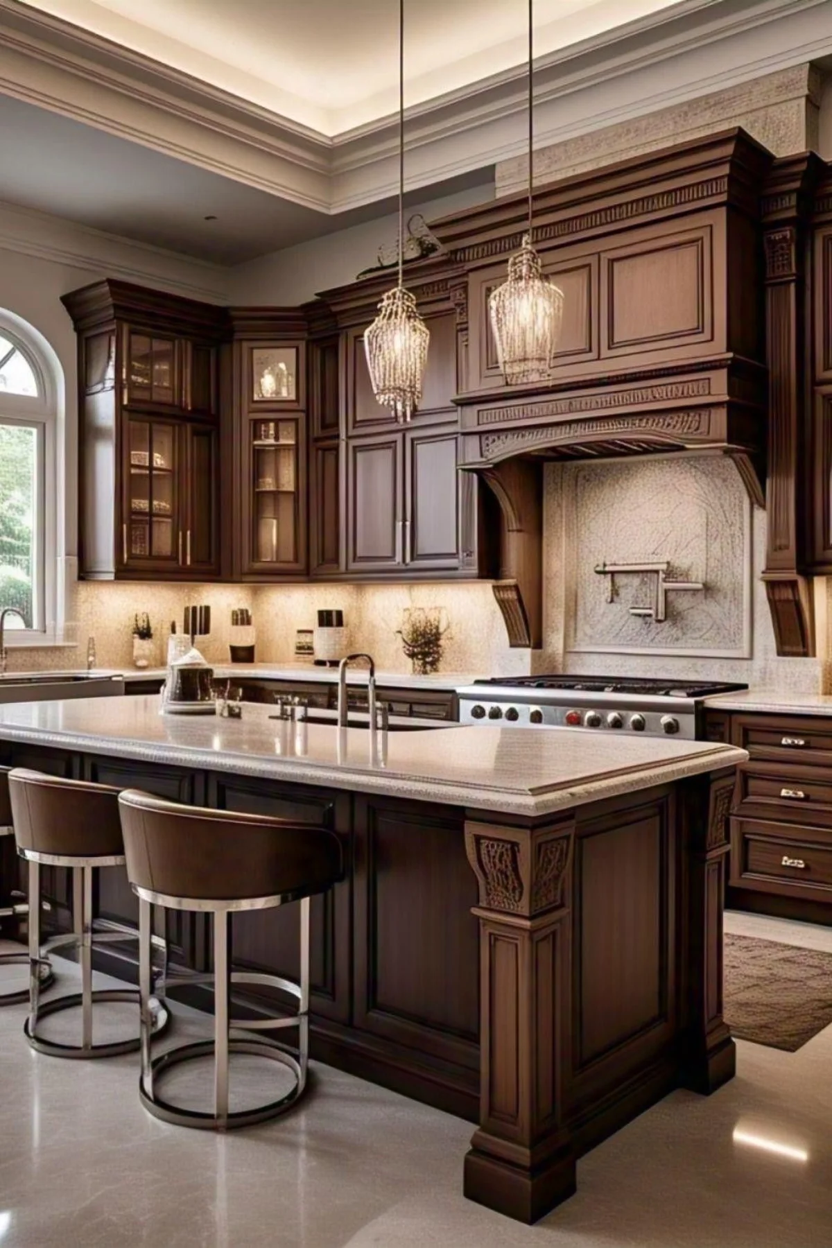 مدل کابینت کلاسیک چوبی قهوه‌ای با جزیره آشپزخانه