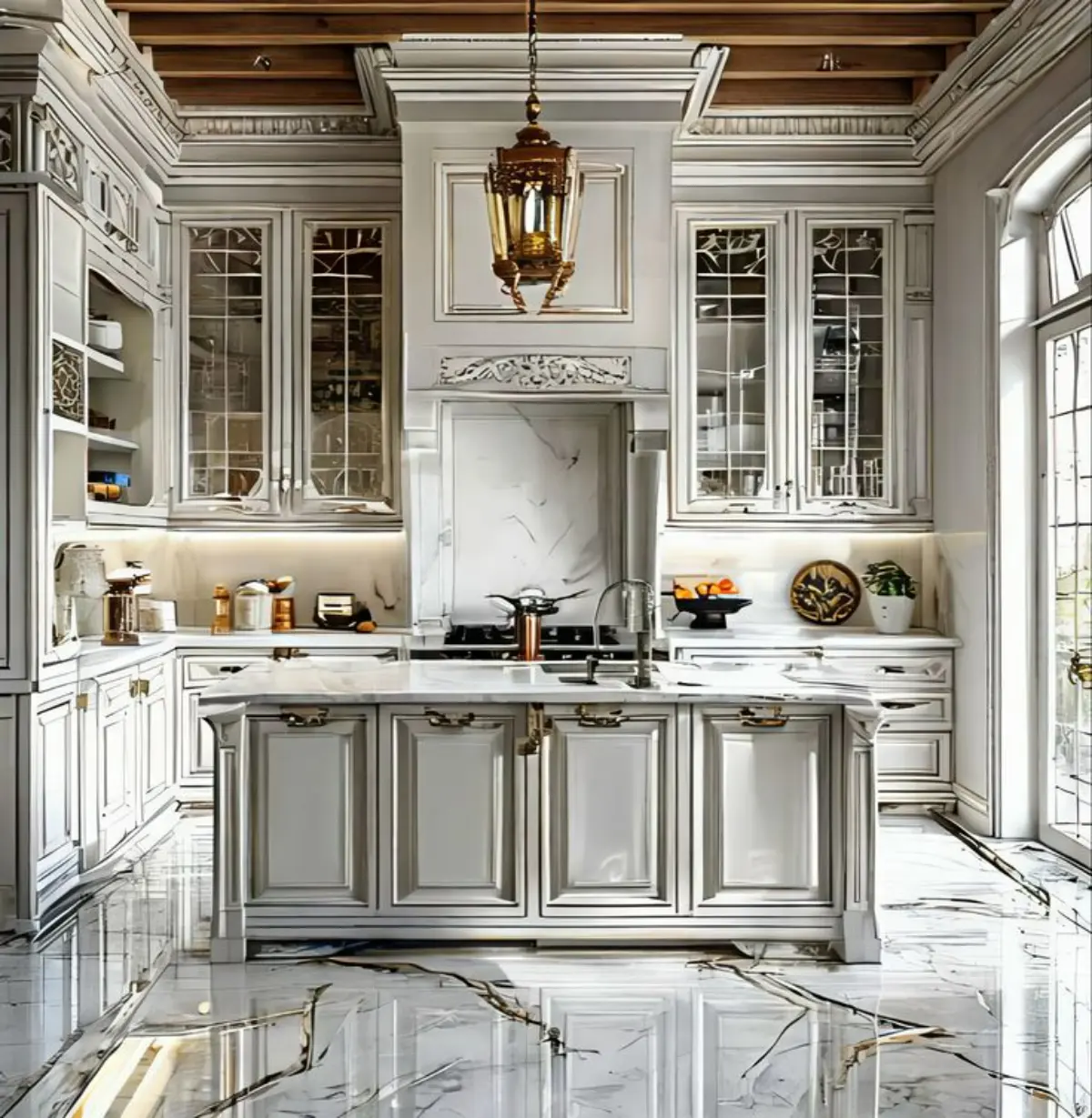 کابینت کلاسیک سفید همراه با جزیره و دستگیره سرامیکی