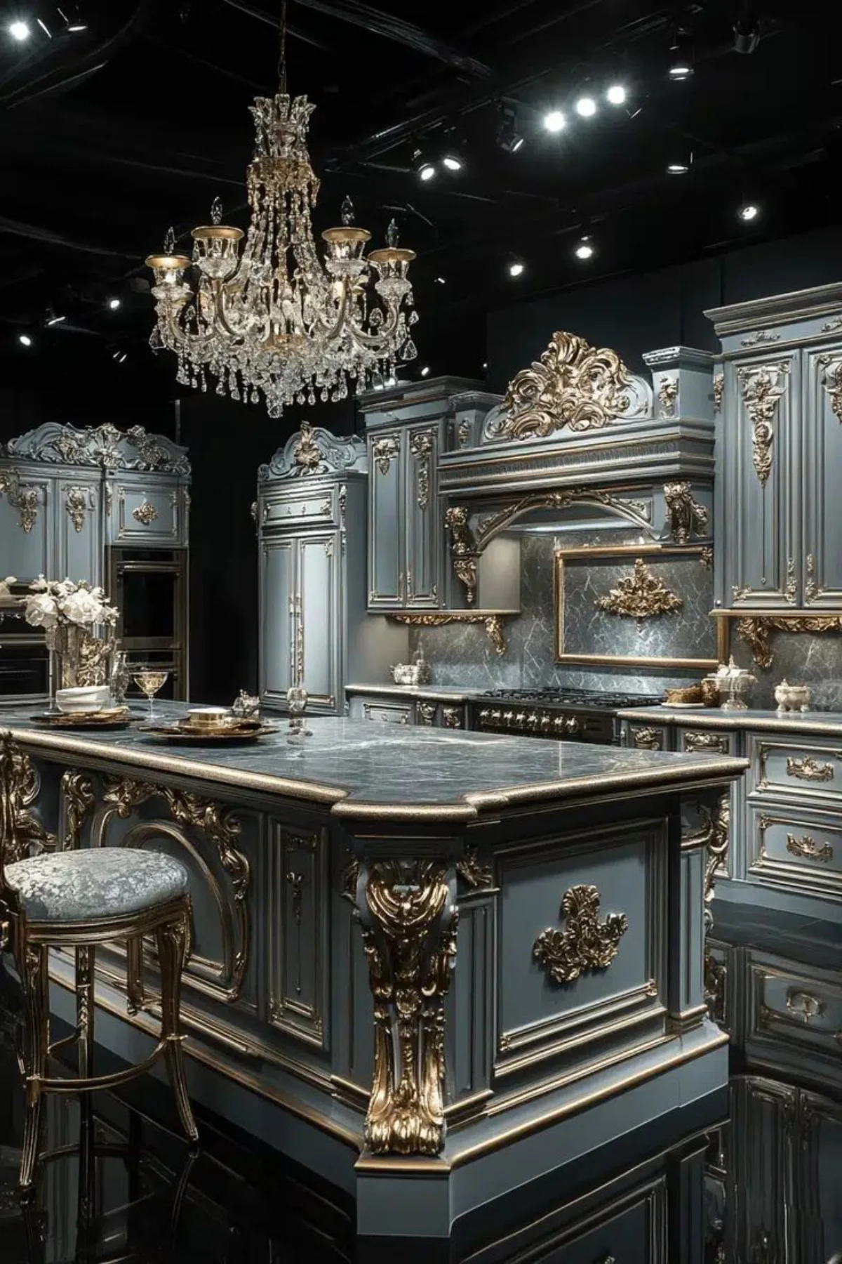 مدل کابینت کلاسیک همراه با جزیره به رنگ آبی با منبت‌کاری طلایی