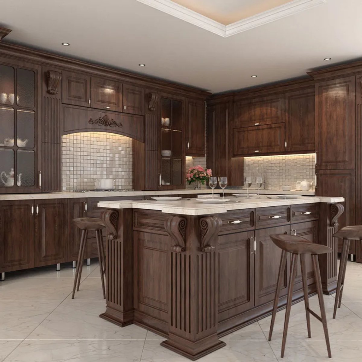 کابینت کلاسیک قهوه ای تیره با دستگیره های کلاسیک