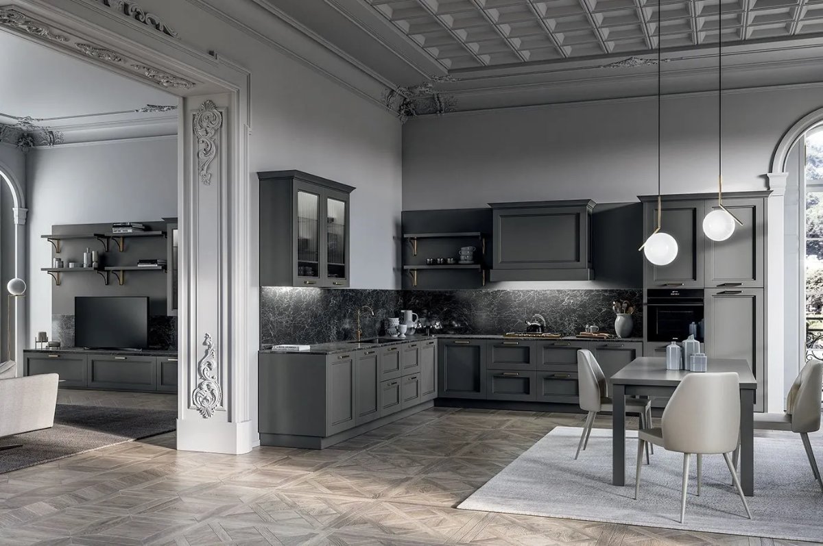 کابینت کلاسیک طوسی در آشپزخانه بزرگ و دستگیره های ساده استیل