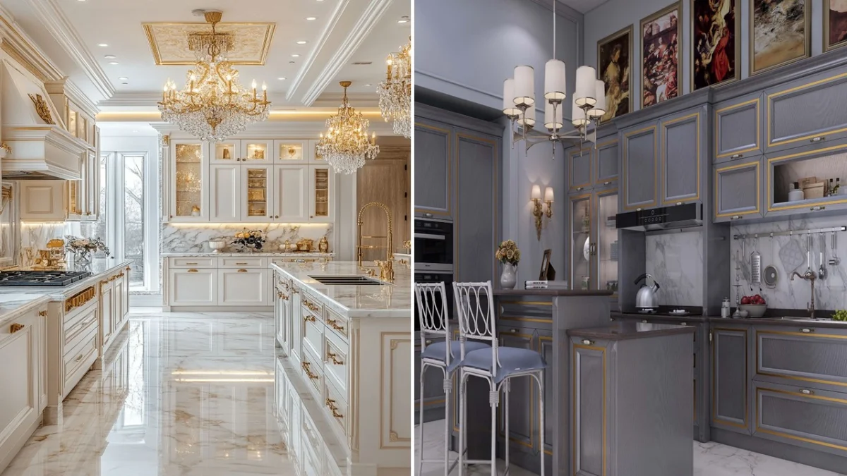 مقایسه مدل کابینت کاسیک سفید طلایی با مدل کابینت ممبران طوسی