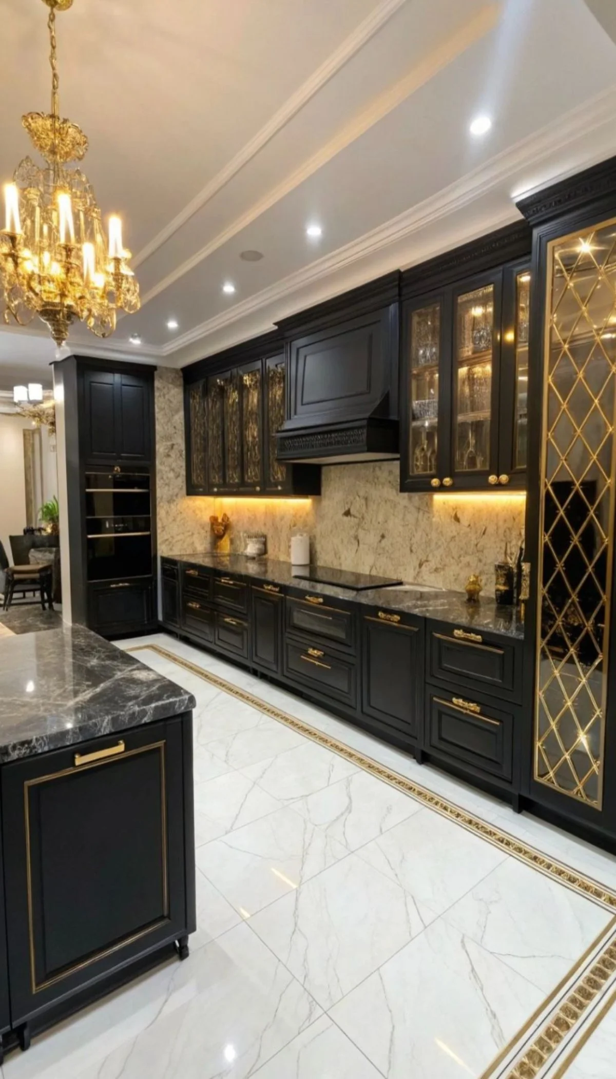 مدل کابینت کلاسیک مشکی دارای ویترین شیشه‌ای