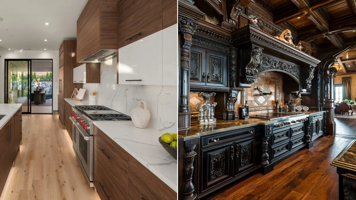تفاوت مدل کابینت کلاسیک چوبی تیره آشپزخانه با کابینت مدرن ساده