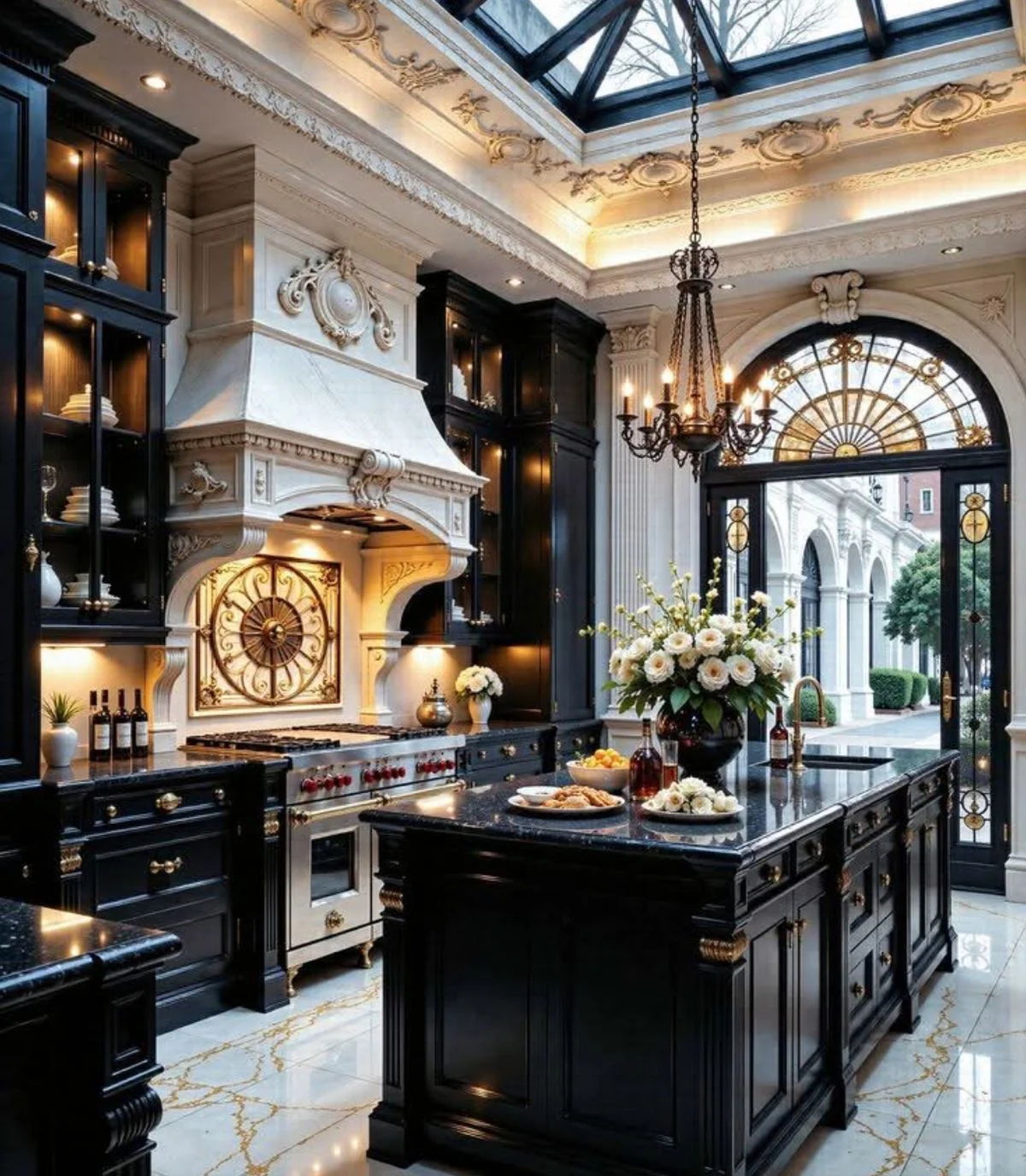 مدل کابینت کلاسیک رومی مشکی با جزیره آشپزخانه