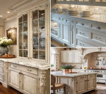 تصویر شاخص کابینت کلاسیک سفید با ویترین شیشه‌ای و جزئیات منبت